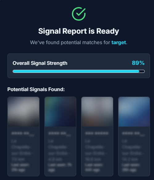 A sample confidential report from CheaterBuster showing a person's active dating profile, photos, and last active status.